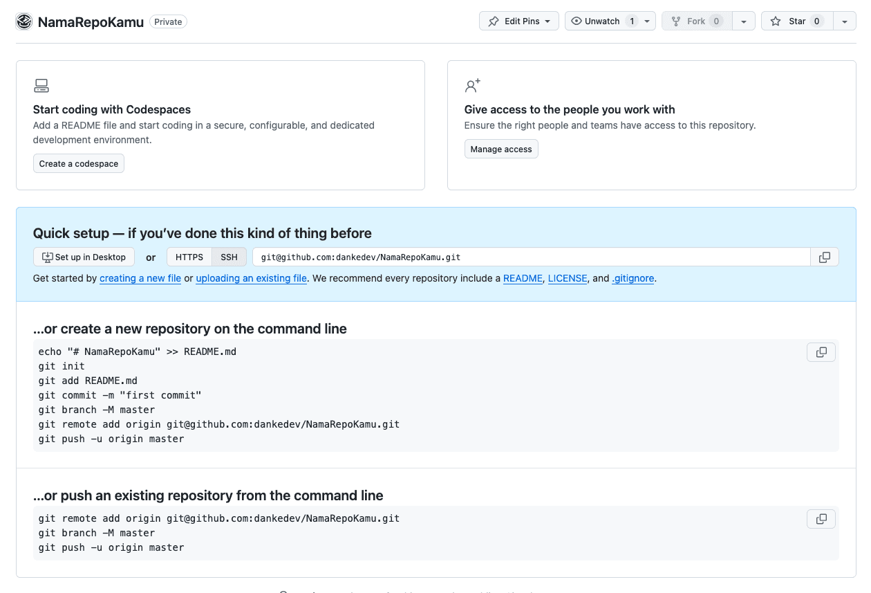 Halaman setelah membuat repo kosong di GitHub