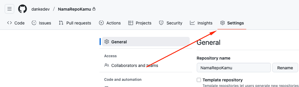 Tab Settings di Halaman Repositori GitHub