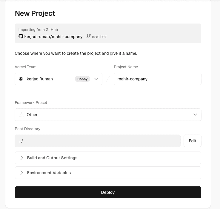 Konfigurasi Proyek di Vercel