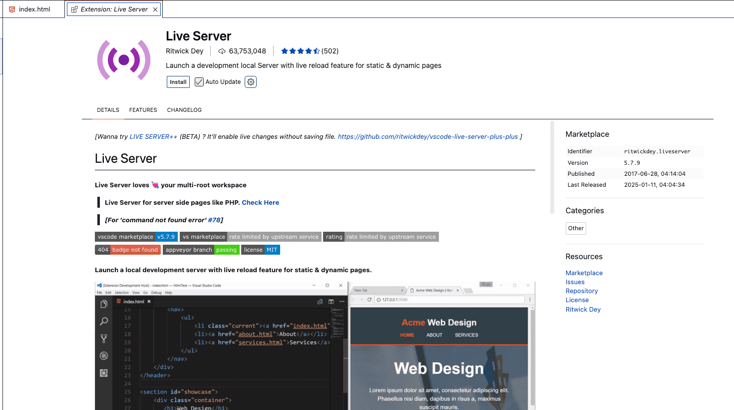 Instal Ekstensi Live Server di VS Code